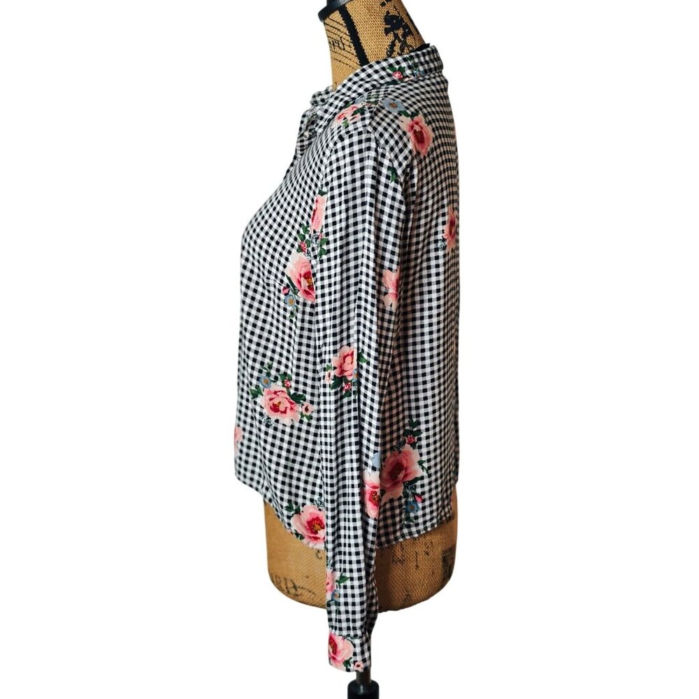 H&M Divided Button-Up Blouse 8 Black Gingham Floral Lng Slv Lightweight Festive - Picture 4 of 6